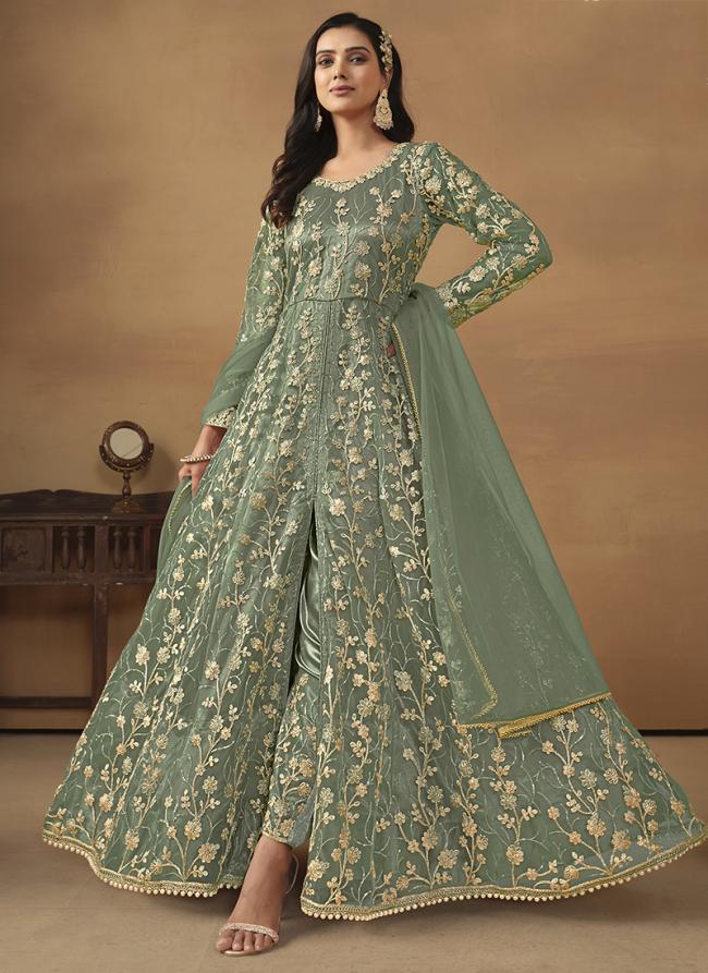Net Pista Green Wedding Wear Embroidery Work Anarkali Suit